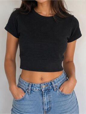 aerie Black Ribbed Cropped Tee